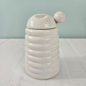 Beehive Ceramic Honey Jar with Lid and Wood Dipper White 6" Tall